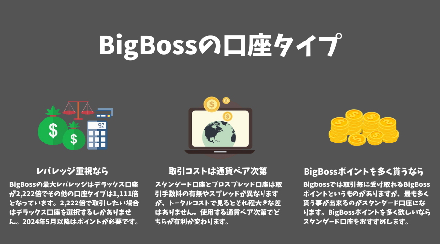 BigBoss（ビッグボス）の口座タイプ（デラックス / スタンダード / プロスプレッド / CRYPTOS口座）